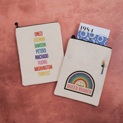 Double-sided Queer Reader book sleeve with rainbow badge design on one side and LGBTQ+ author list in rainbow text on the other.