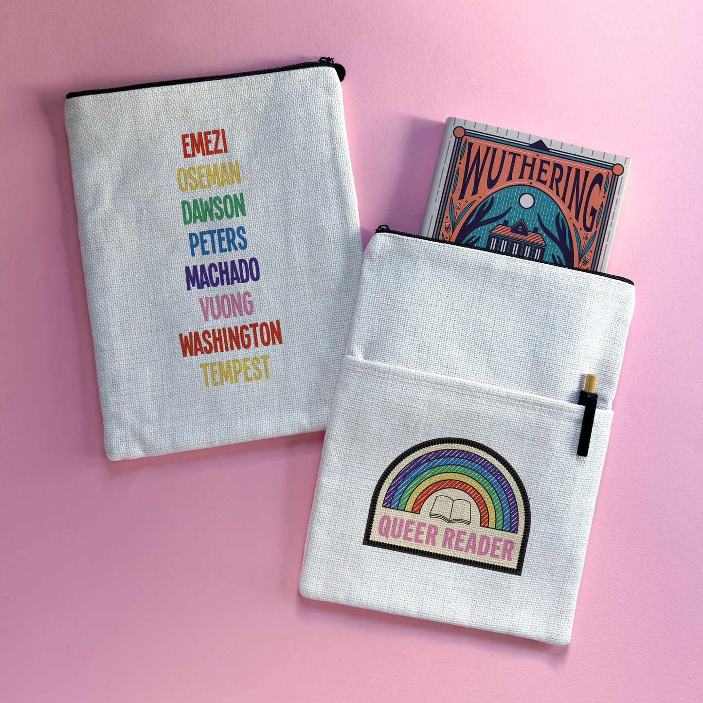 Double-sided Queer Reader book sleeve with rainbow badge design on one side and LGBTQ+ author list in rainbow text on the other.