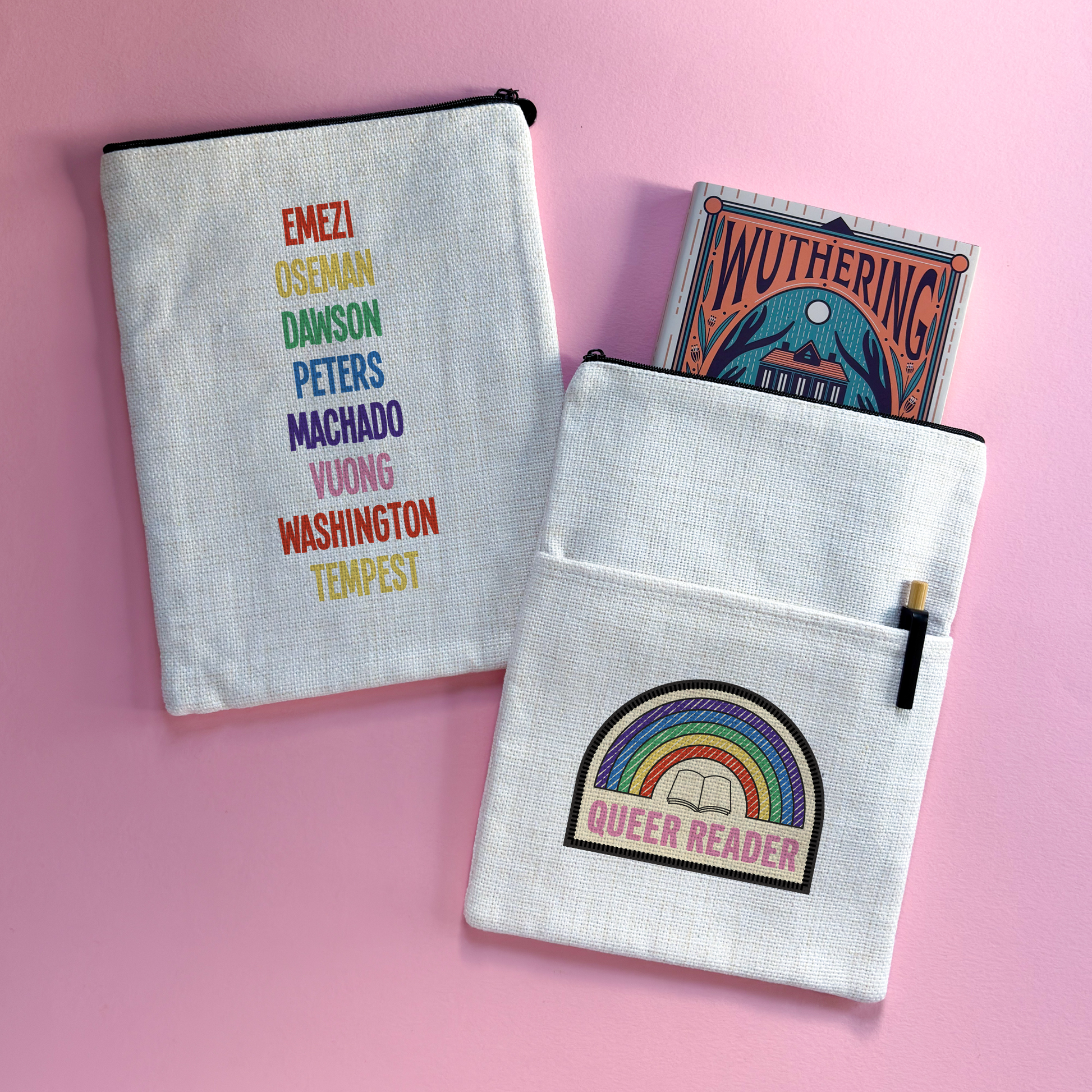 Double-sided Queer Reader book sleeve with rainbow badge design on one side and LGBTQ+ author list in rainbow text on the other.
