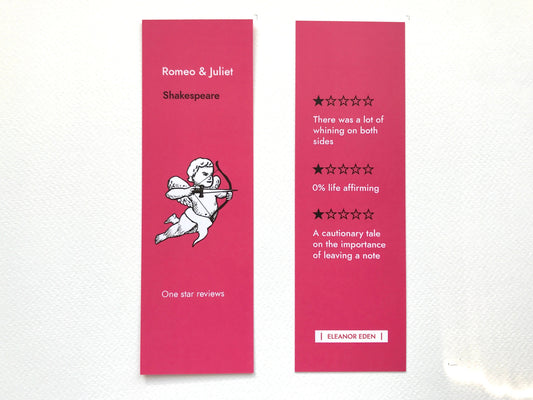 Funny Romeo and Juliet bookmark with one star review joke