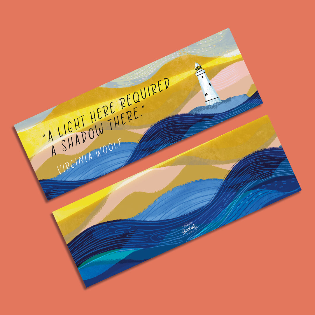 Colourful blue and yellow bookmark with the quote "A light here required a shadow there".